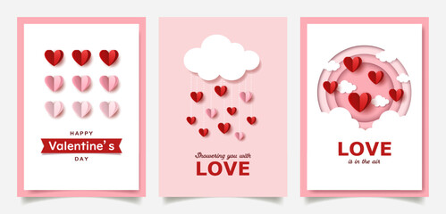 Fototapeta na wymiar Set of Valentine's Day greeting cards with paper cut hearts and elements.