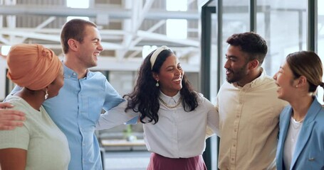Diversity, business and team hug, modern office and happy for marketing, solidarity and startup company. Multiracial, staff smile and embrace for group project success, advertising and team building.