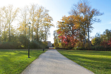 Fototapeta na wymiar Picturesque view of park with beautiful trees and pathway on sunny day. Autumn season