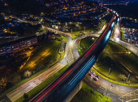 Night over Penn Inn Flyover and Roundabout from a drone Newton Abbot, Devon, England