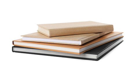 Stack of hardcover books on white background