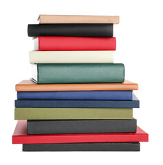 Stack of different books on white background