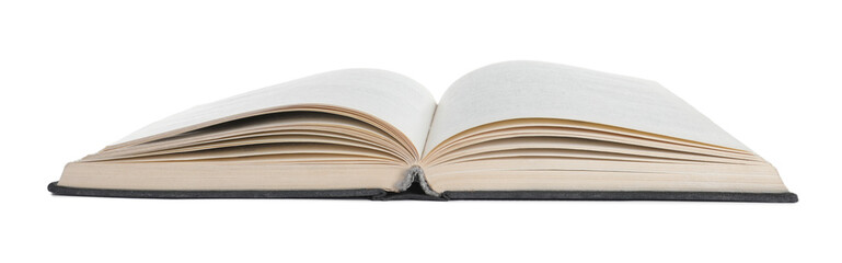 Old open hardcover book isolated on white