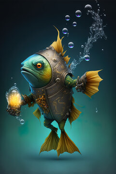 Funny surprised robot  fish holding a light jar in a steampunk costume underwater with bubbles. Fish with legs. Working fish fantasy character concept art. Generative ai