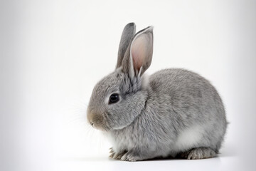 Obraz premium Cute little gray rabbit resting alone on a white backdrop. Lovely movement by the juvenile rabbit. Generative AI