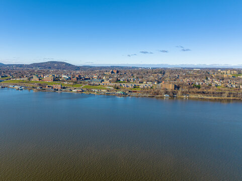 Scenic winter morning aerial photo of Newburgh, NY from the Hudson River looking west, December 20, 2022

