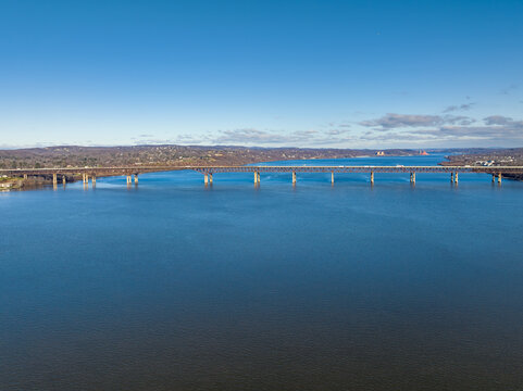 Scenic winter morning aerial photo of the Newburgh-Beacon Bridge, connecting Newburgh and Beacon NY over the Hudson River looking north, December 20, 2022
