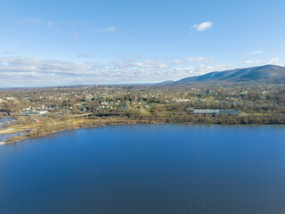 Fototapeta na wymiar Scenic winter morning aerial photo of Beacon, NY from the Hudson River looking east, December 20, 2022 