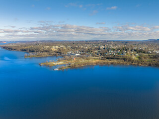 Scenic winter morning aerial photo of Beacon, NY from the Hudson River looking east, December 20,...