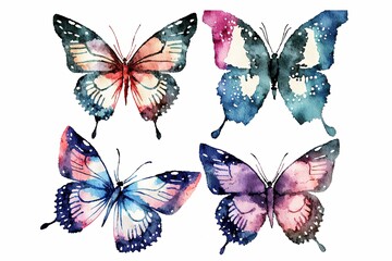 Fototapeta na wymiar Illustration of Four Watercolor Butterflies Isolated on White Background 