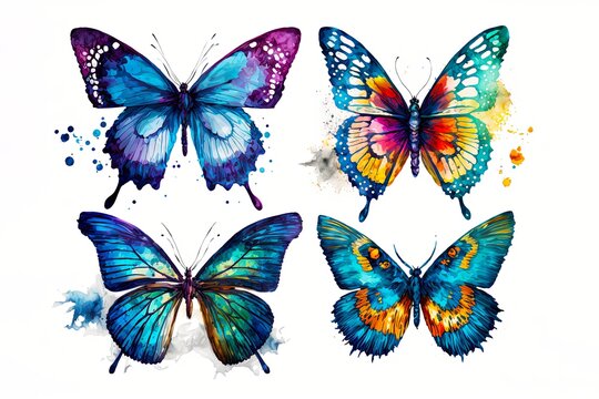 Illustration of Four Watercolor Butterflies Isolated on White Background
