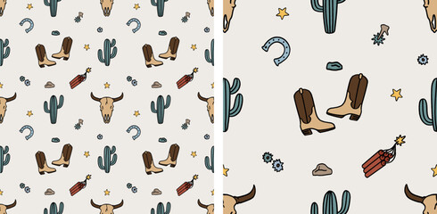 Cowboy Western Boho Nursery Pattern Cactus Cowboy Boots Cute Cartoon Illustration Seamless Vector Hand-Drawn - 555549558