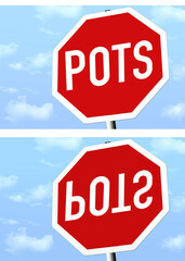 The word stop appears as it might for someone suffering from an episode of reversal of vision metamorphopsia. This neurologic disorder is also known as RVM. This is a 3-d illustration.