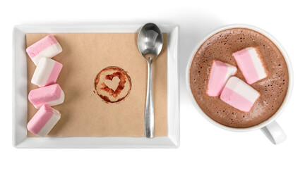 Red mugs with hot chocolate and marshmallows