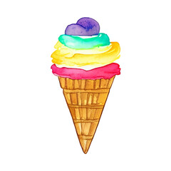 rainbow ice cream hand drawn with style watercolor