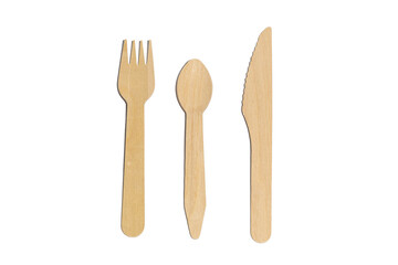 A set of eco-friendly cutlery: a wooden fork, spoon and knife on a white background