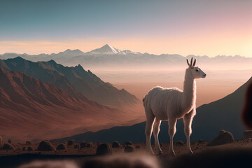 Beautiful picture of a white llama gazing at the lens with mountains in the distance hazy. Generative AI