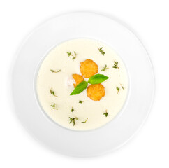 Tasty soup in plate isolated on white background