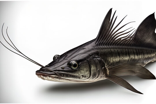 Head and tail of the European catfish (Silurus glanis) isolated on a white backdrop. Generative AI