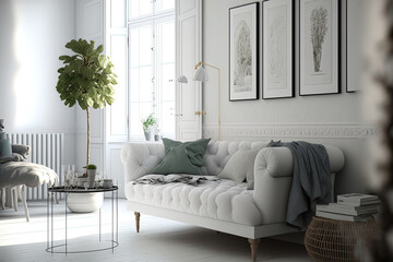 couch in a white living room. Scandinavian style in decorating. Generative AI