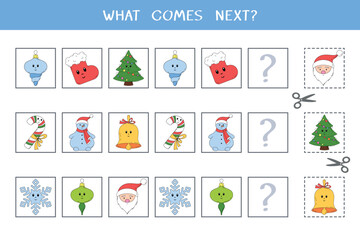 Simple logic game for kids. Find the next object in the row. Cut and glue. Vector worksheet