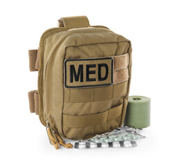 Military first aid kit with items isolated on white