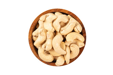 Bowl of cashew nuts isolated on white background. Top view