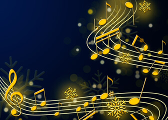 Christmas melody. Music notes and snowflakes on blue background, space for text. Illustration design
