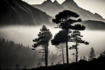 trees against a mountain backdrop in the early morning fog. Generative AI