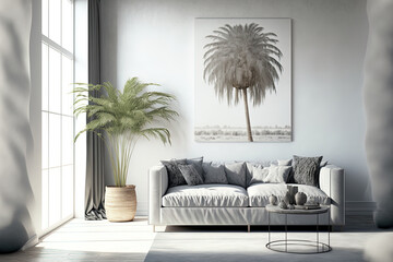 mock up of a blank canvas in a contemporary living room with a gray sofa, wooden furniture, and palm trees,. Generative AI