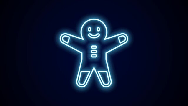 Glowing neon line Holiday gingerbread man cookie icon isolated on black background. Cookie in shape of man with icing. 4K Video motion graphic animation