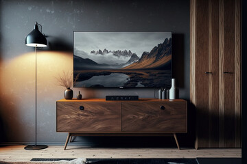 Smart TV mockup in the living room on wooden bureau cabinet. Generative AI