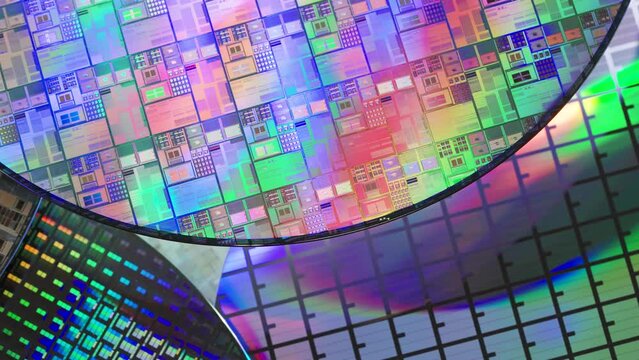Silicon monocrystalline wafer with microchips manufacturing used in fabrication of electronic integrated circuits. 