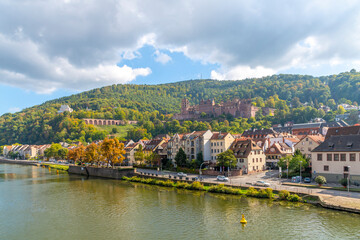 Fototapeta na wymiar The medieval castle complex above the old town Altstadt of the Bavarian city of Heidelberg Germany at autumn.