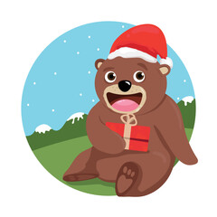 vector illustration of a bear with a santa hat sitting outdoors holding a gift box