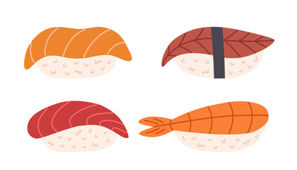 Set of nigiri sushi. Sushi with eel, shrimp, salmon and tuna. Collection of traditional japanese food. Hand-drawn colored flat vector illustration isolated on white background.