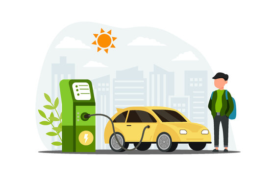 Electric car charging station with person, solar energy, electric vehicle and city background, future innovative technology and alternative save energy concept. Vector illustration