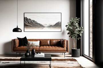Mockup of a wall in a contemporary living room, with a brown leather couch and black home furnishings against a stark white backdrop. Generative AI