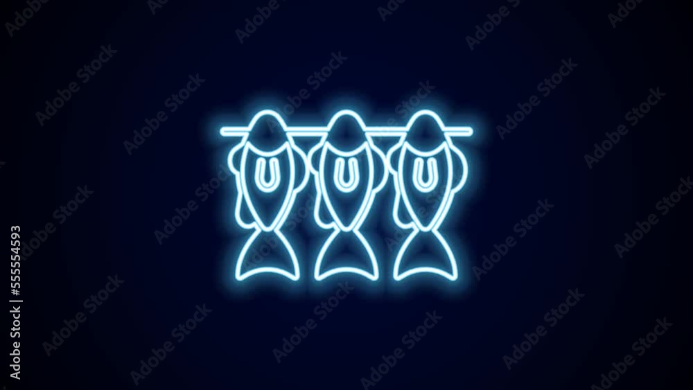 Sticker Glowing neon line Dried fish icon isolated on black background. 4K Video motion graphic animation