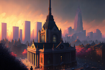 Naklejka premium Seoul, South Korea, has beautiful architecture and a tower amid the cityscape. Generative AI