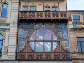 Modern stained glass window in Batumi. Stained glass in the building on the window.