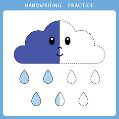 Handwriting practice worksheet. Simple educational game for kids. Vector illustration of cute cloud and raindrops for coloring book