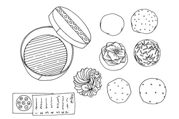 Dumplings top view. Hand drawn vector illustration. Chinese dumplings. Hand drawn asian food vector sketch.
