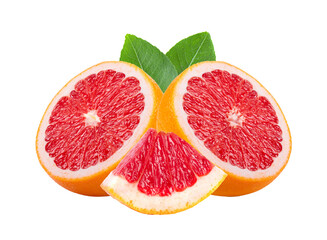 Ripe half of pink grapefruit citrus fruit with leaf isolated on transparent png