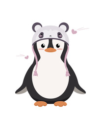 Pingwin w czapce misiu panda. Urocza zimowa ilustracja. Wektorowa ilustracja w płaskim stylu.