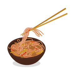 Soba buckwheat noodles with chicken and vegetables on sticks