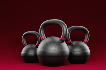 Naklejka na ściany i meble Training weights on magenta isolated background. Dumbbells, kettlebell. 3D illustration