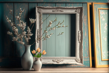 Shabby chic style wooden boards in a house interior with a decorated frame and apricot blossoms. Copy space. Generative AI