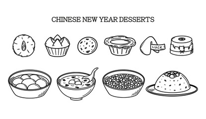 CNY celebration, Chinese New Year Desserts vector illustration in doodle style. Traditional Asian food cuisine drawing.
