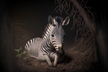 Beautiful newborn zebra photographed in the African forest resting on the ground. Generative AI